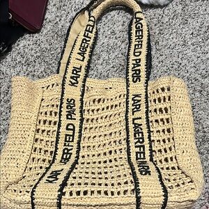 Karl Lagerfeld Tan Woven Tote with Black Accents